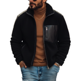 Men's Classic Fashion Stand Collar PU Leather Pocket Zipper Fleece Jacket MTA0106K1K