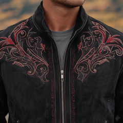 Men's Classic Retro Western Style Stand-up Collar Embroidered Faux Suede Zip-up Jacket MTA2799K9K