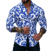 Men's Retro Casual Blue And White Porcelain Print Lapel Long Sleeve Shirt MTA3023G4TO