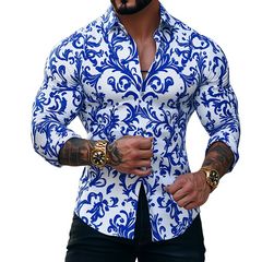 Men's Retro Casual Blue And White Porcelain Print Lapel Long Sleeve Shirt MTA3023G4TO