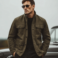 Men's Classic Casual Western Style Stand Collar Multi-Pocket Washed Twill Cotton Jacket MTA2961K1K