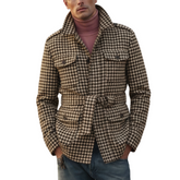 Men's Classic Retro Stand-up Collar Multi-pocket Faux Houndstooth Wool Jacket (including Belt) MTA0643K4K