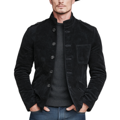 Men's Classic Retro Western Style Stand-up Collar Multi-pocket Faux Suede Jacket MTA1730K5K