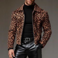 Men's Retro Casual Faux Suede Leopard Print Lapel Zip-Up Jacket MTA1173K6TO