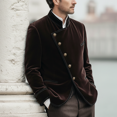 Men's Retro Stand Collar Diagonal Button Single Vent Velvet Jacket MTA2150K3U