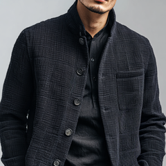 Men's Solid Textured Stand Collar Single Breasted Casual Jacket MTA1901H5Z