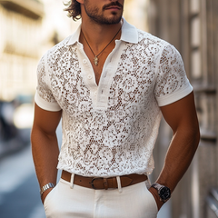 Men's Fashion Lace Lapel Short Sleeve Polo Shirt MTA1552E9Z