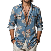 Men's Floral Lapel Chest Pocket Long Sleeve Shirt MTA2229G7Z