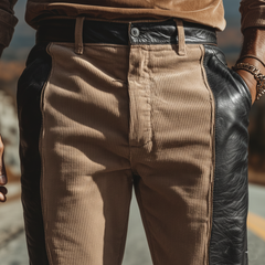 Men's Classic Casual Western Style PU Leather Corduroy Trousers MTA2526K5K