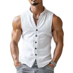 【24-hour shipping out】Men's Casual Comfort Cotton Stand Collar Single Breasted Sleeveless Shirt MTA0203D3M