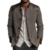 Men's Retro Casual Herringbone Tweed Patchwork PU Stand Collar Button Jacket MTA0197K0TO