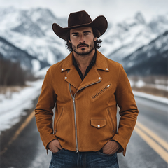 Men's Retro Western Cowboy Style Suede Motorcycle Zipper Jacket MTA1942K7X