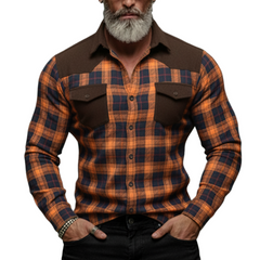 Men's Classic Casual Rugged Style Patchwork Faux Suede Slim-fit Plaid Brushed Long-sleeved Shirt MTA1370K5K