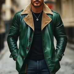 Men's Retro Color-Blocked Collar Green PU Leather Short Coat MTA1425K7U