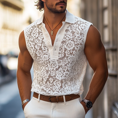 Men's Fashion Lace Lapel Sleeveless Casual Tank Top MTA1217E3Z