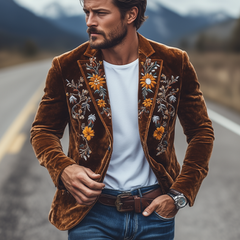 Men's Classic Retro Slim Fit Single Breasted Faux Velvet Embroidered Blazer 43171298K