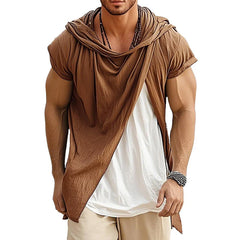 Men's Retro Casual Cotton Linen Colorblock Fake Two-Piece Hooded Short-Sleeved Shirt MTA1437D2TO