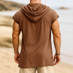 Men's Retro Casual Cotton Linen Colorblock Fake Two-Piece Hooded Short-Sleeved Shirt MTA1437D2TO