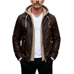 Men's Casual Loose-fitting Faux Two-piece Hooded PU Jacket MTA1173K2X