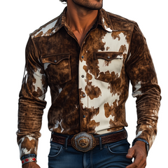 Men's Retro Casual Western Style Cow Print Suede Lapel Long Sleeve Shirt MTA1964H9TO