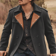 Men's Color-blocked Wool Blend Spliced PU Long Coat MTA2210K2X