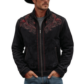 Men's Classic Retro Western Style Stand-up Collar Embroidered Faux Suede Zip-up Jacket MTA2799K9K