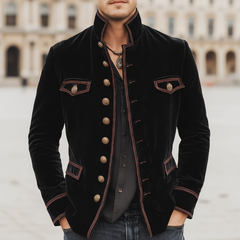 Men's Vintage Velvet Stand-Collar Multi-Button Embroidered Slim-Fit Jacket MTA1188K3U