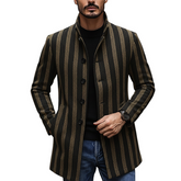 Men's Blended Stand-up Collar Striped Printed Button Mid-length Coat MTA0100K5X