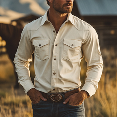 Men's Solid Color Cotton Blend Collared Long-sleeved Shirt MTA1378K1X