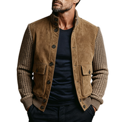Men's Faux Suede Patchwork Knitted Sleeve Stand Collar Jacket MTA1146K6X
