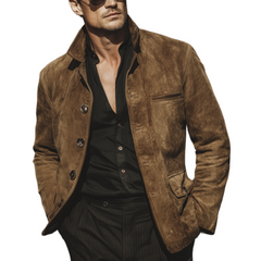 Men's Classic Retro Western Style Faux Suede Stand Collar Single-breasted Jacket MTA2915K3K