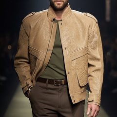 Men's Urban Fashion Stand Collar Textured PU Leather Jacket MTA1985K6U