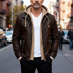 Men's Casual Loose-fitting Faux Two-piece Hooded PU Jacket MTA1173K2X