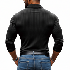 Men's Striped Textured Basic Elastic Long-sleeved POLO Shirt MTA1139J2X