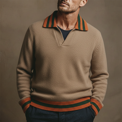 Men's Retro Striped Knit Color Block Lapel Pullover Sweater MTA1304K3X