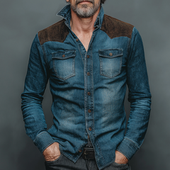 Men's Retro Casual Denim Corduroy Patchwork Lapel Long-Sleeve Shirt MTA2867K9TO