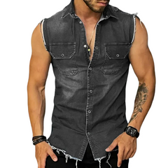 Men's Vintage Washed Raw Edge Lapel Sleeveless Denim Shirt 47486407M