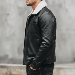 Men's Urban Fur Collar Zipper Black PU Leather Jacket MTA1870K2U