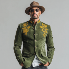 Men's Classic Retro Stand Collar Embroidered Faux Velvet Slim Fit Jacket MTA0401L4K