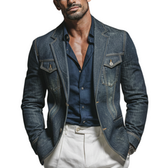 Men's Classic Casual Rugged Style Washed Denim Multi-pocket Single-breasted Blazer MTA3016K8K