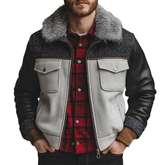 Men's Winter Faux Wool PU Patchwork Jacket With Fur Collar MTA1770K8P