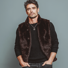 Men's Luxury Chocolate Stand Collar Velvet-Soft Faux Fur Vest MTA0763K7U