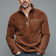 Men's Retro Zipper Stand Collar Faux Suede Long-Sleeve Polo Shirt MTA1776K4X