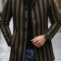 Men's Blended Stand-up Collar Striped Printed Button Mid-length Coat MTA0100K5X