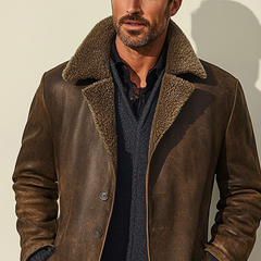 Men's Retro Distressed Faux Leather Collar Patchwork Fleece Mid-Length Coat MTA1530K0X