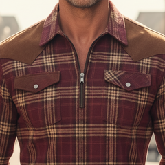 Men's Retro Plaid Faux Suede Appliqué Cotton Blend Half-Zip Shirt MTA2021K9P