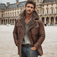 Men's Warm PU Leather And Lamb Wool Lining Double-breasted Short Coat MTA1228K4U