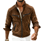 Men's Retro Casual Faux Suede Plush Lined Stand Collar Zipper Jacket MTA0661K4TO