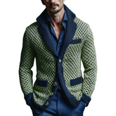 Men's Classic Casual Lapel Green And Navy Blue Slim Jacquard Knit Cardigan MTA2659I6K