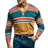 Men's Color Block Striped V-Neck Long-Sleeve T-Shirt MTA3054K4X